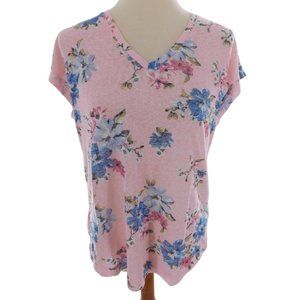 B Collection by Bobeau Women's Medium Shirt Short Sleeve Pink Floral V-Neck Slub